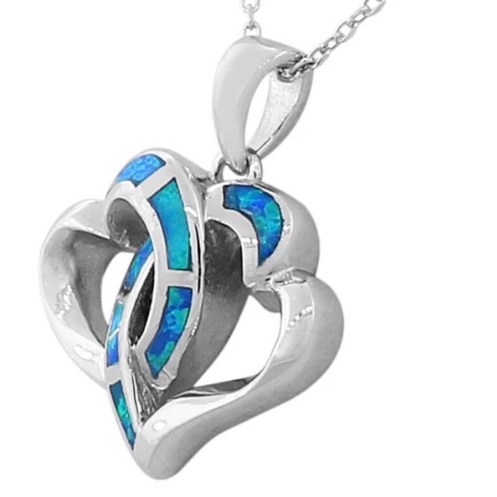 Sterling Silver Double Love Heart Simulated Opal Pendant Necklace